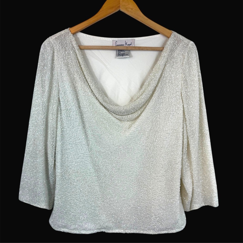 Vintage Laurence Kazar Silk Beaded Blouse XL‎ Ivory Evening Party Luxe Glam Top